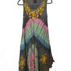 Boho WhimsyGoth Tie-Dye Dress with Embroidered Details